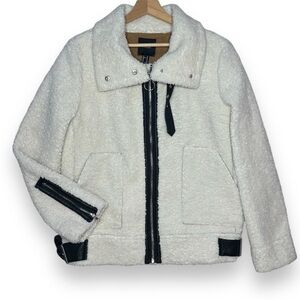 Forever 21 Sherpa Jacket Women M Faux Leather Suede Moto Coat Full Zip Shearling